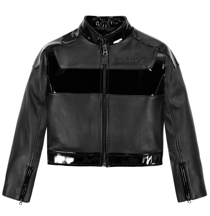 Women's Avirex Black Patent Cropped Leather Moto Jacket