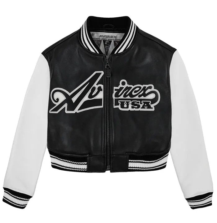 Women's Avirex Cropped Script Leather Varsity Jacket