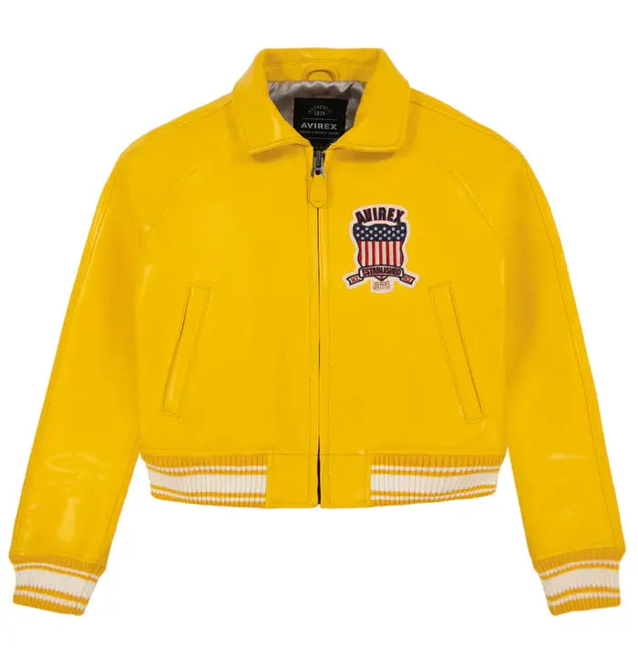 Women's Avirex Gold Cropped Leather Bomber Jacket