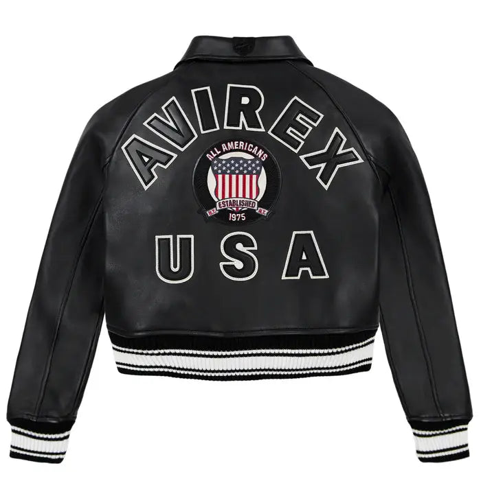Women's Avirex Jet Black Cropped Leather Bomber Jacket – Back View 2