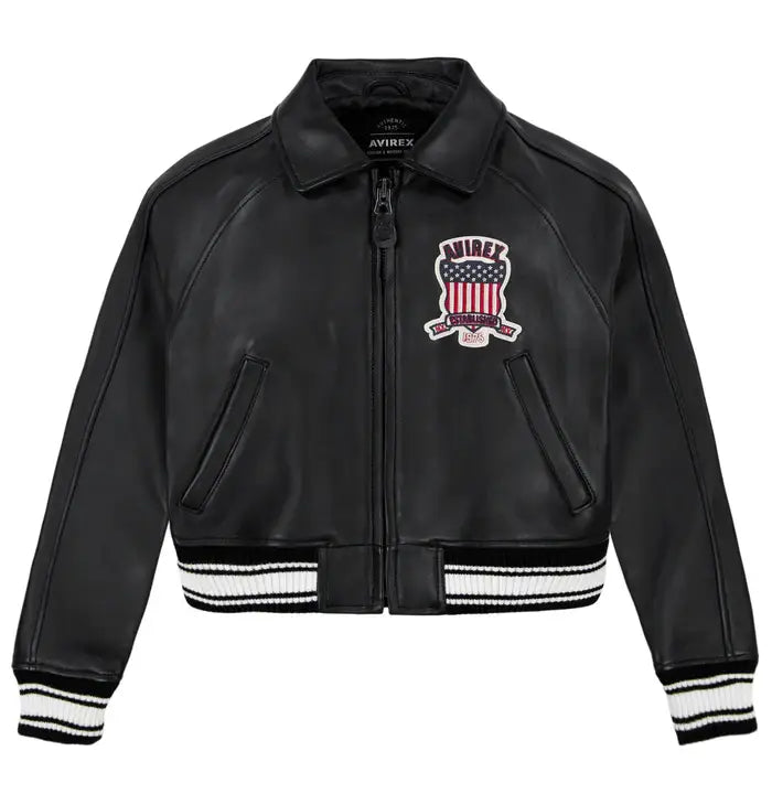 Women's Avirex Jet Black Cropped Leather Bomber Jacket