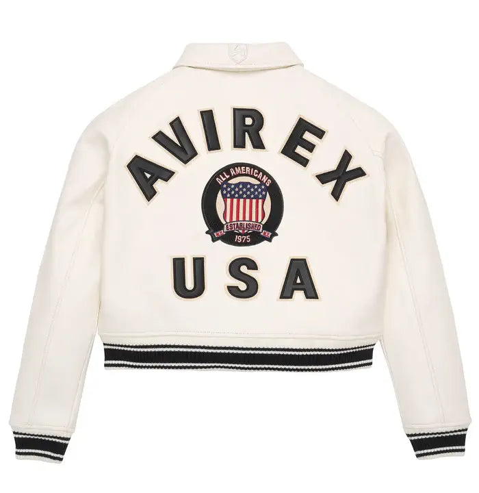 Women's Avirex Snow White Cropped Leather Bomber Jacket – Back View 2