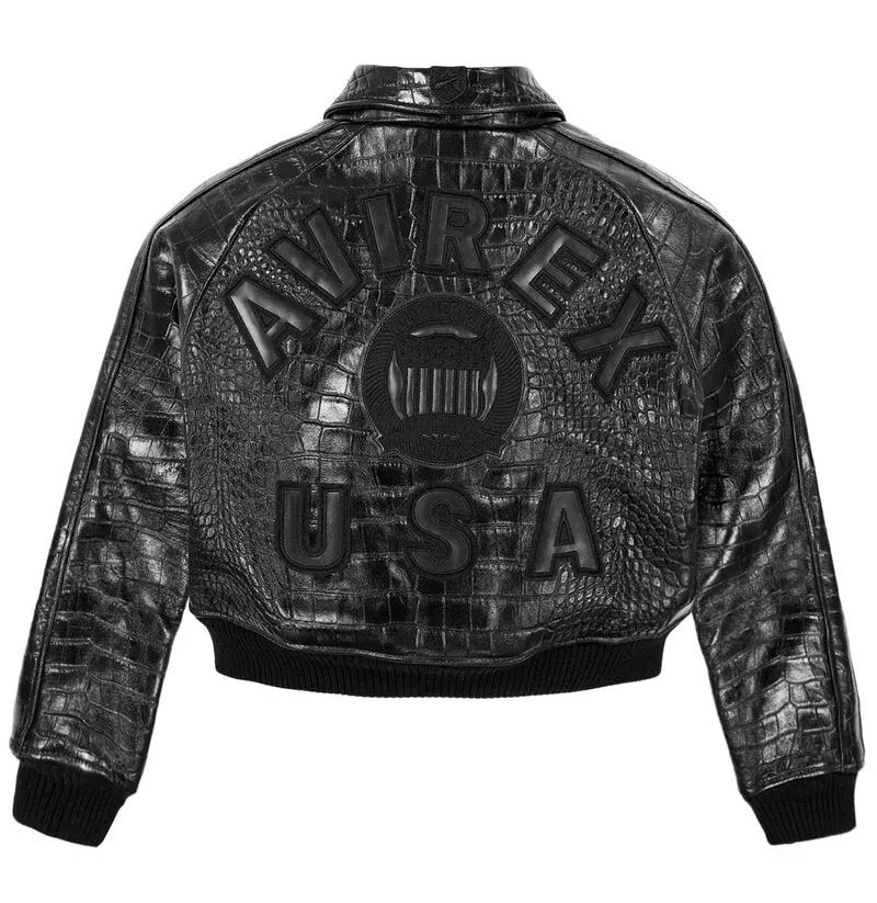Women's Cropped Crocodile-Embossed Leather Jacket – Back View
