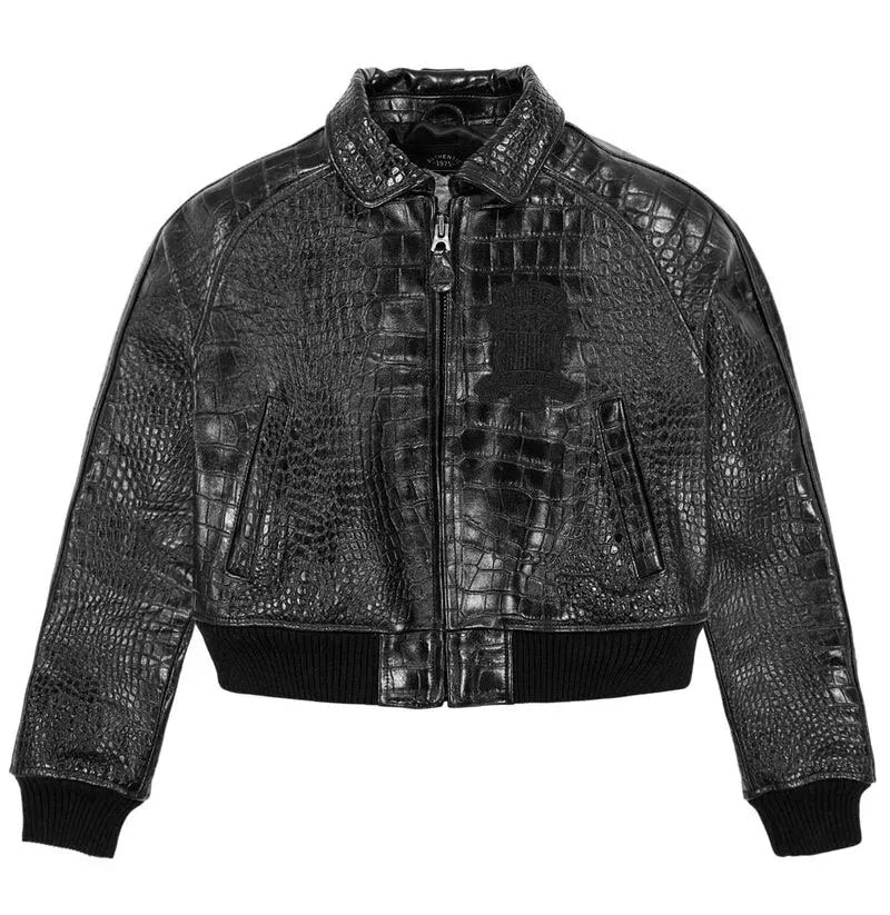 Women's Cropped Crocodile-Embossed Leather Jacket