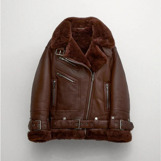 Women's Brown Aviator Sheepskin Shearling Jacket
