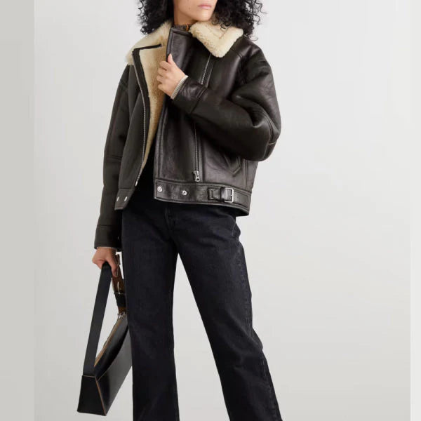 Women's Black B3 RAF Aviator Cowhide Shearling Jacket – Front View