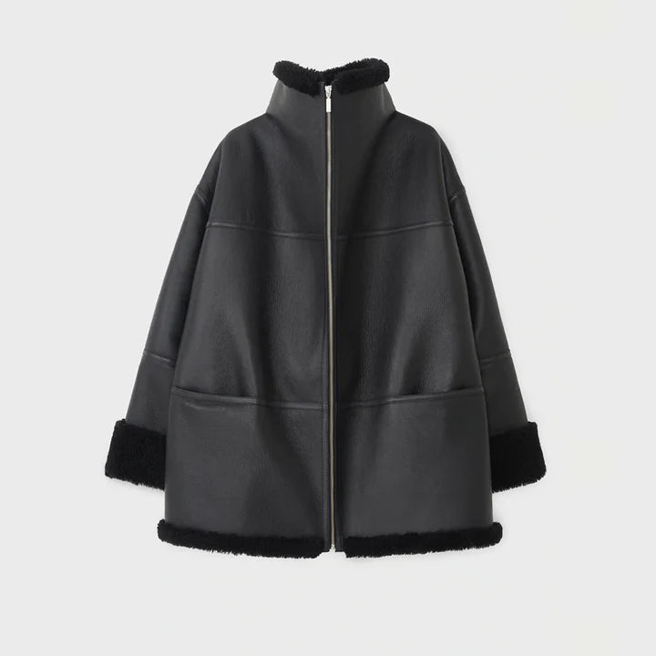 Women's Black Oversized B3 RAF Sheepskin Shearling Jacket – Front View 2