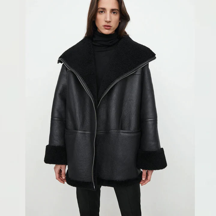 Women's Black Oversized B3 RAF Sheepskin Shearling Jacket – Front View