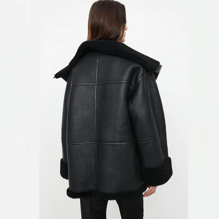 Women's Black Oversized B3 RAF Sheepskin Shearling Jacket – Back View