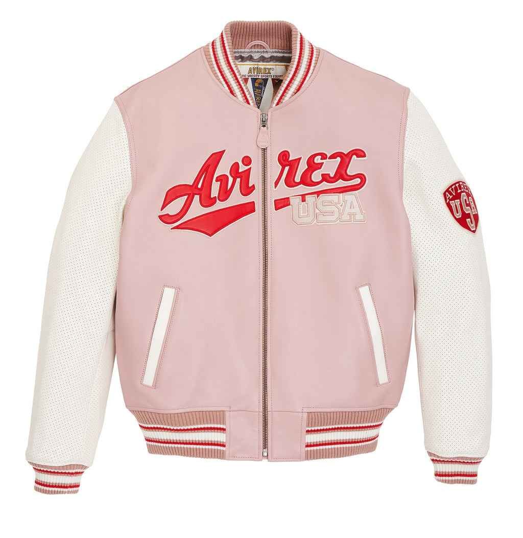Avirex Pink Script USA Leather Varsity Jacket