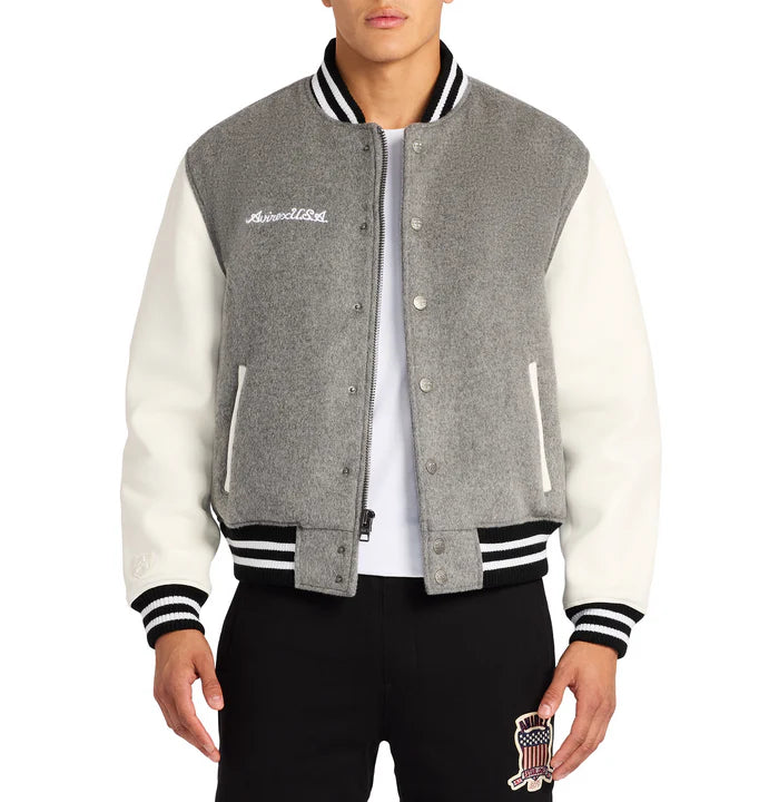 Men's Avirex Heather Grey Wool and Leather Varsity Jacket – Front View