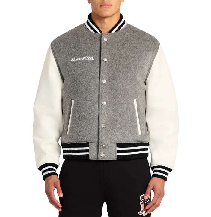 Men's Avirex Heather Grey Wool and Leather Varsity Jacket – Front View 2