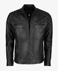 Men's Black Cafe Racer Leather Jacket with Zip Detail