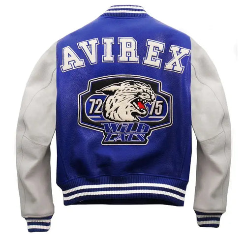 Avirex Blue Wildcat Leather Varsity Jacket – Back View