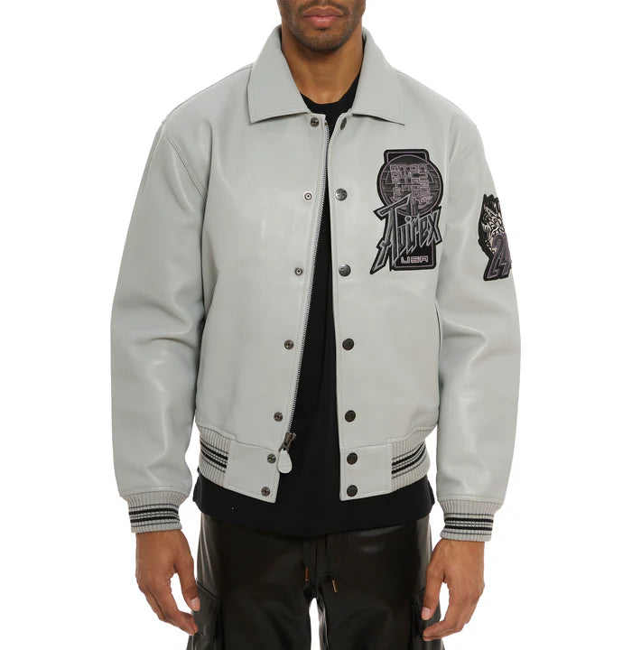 Men's Avirex Limited Edition Grey Twin Dragon Leather Jacket – Front View
