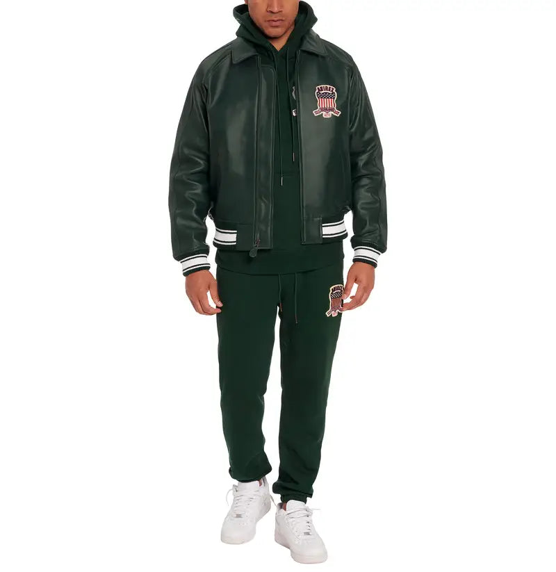 Avirex Hunter Green Icon Leather Bomber Jacket – Front View