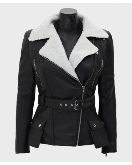 Women's Black Belted Shearling Leather Biker Jacket