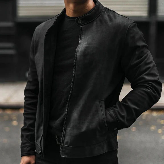 Men's Classic Black Slim Fit Leather Racer Jacket