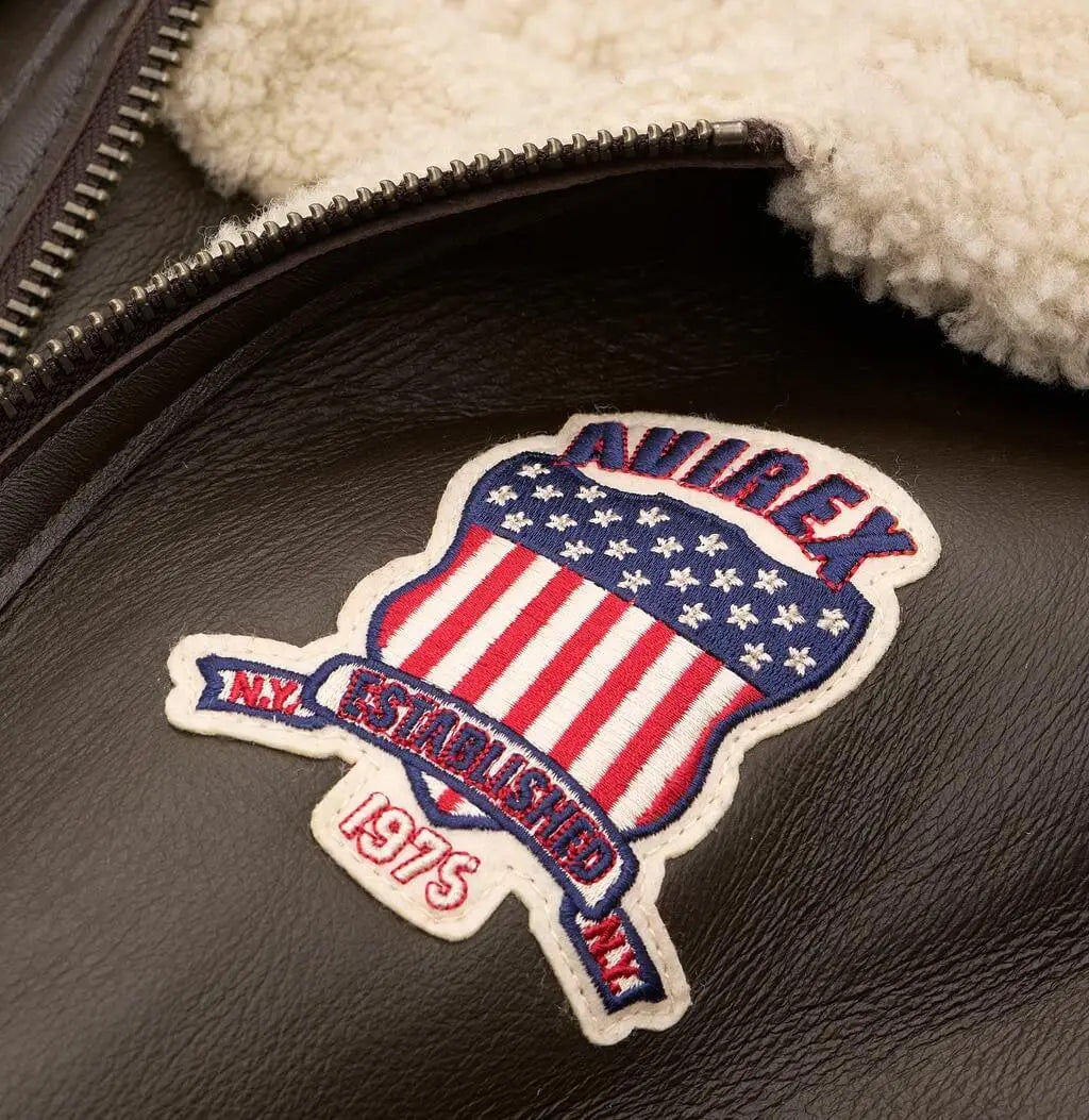 Avirex Brown Shearling Leather Jacket – Logo Detail