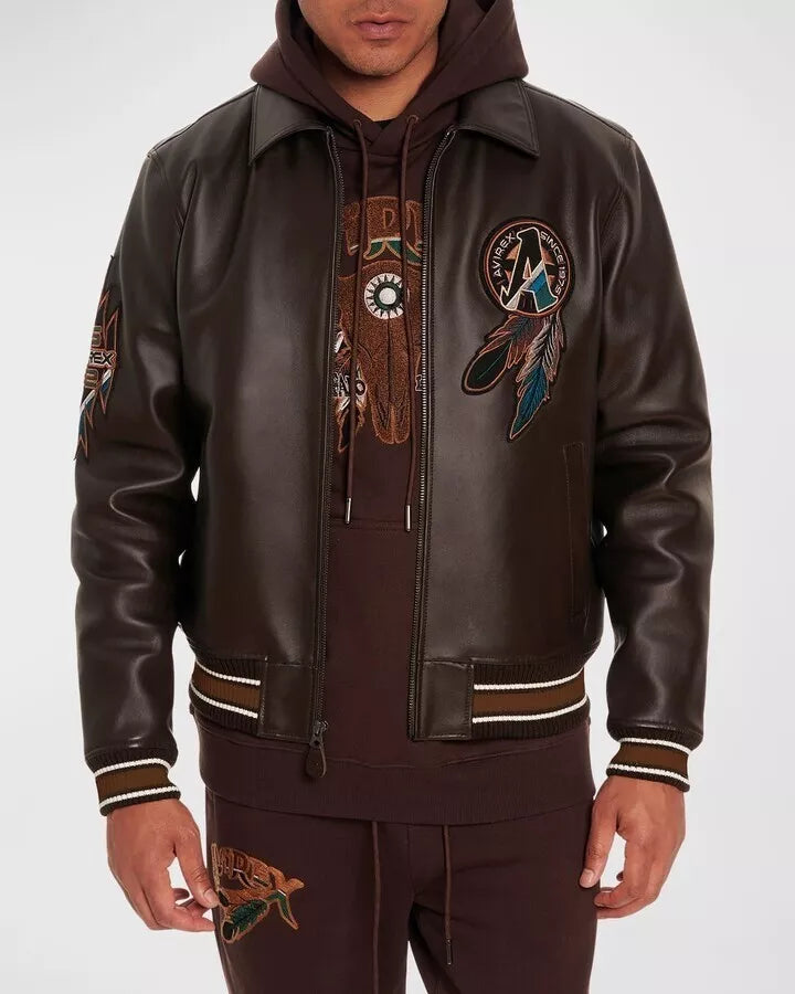 Men's Avirex Buffalo Legends Brown Leather Bomber Jacket – Front View 2