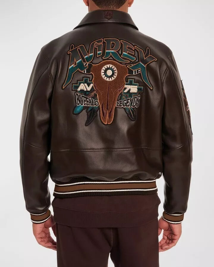 Men's Avirex Buffalo Legends Brown Leather Bomber Jacket – Back View