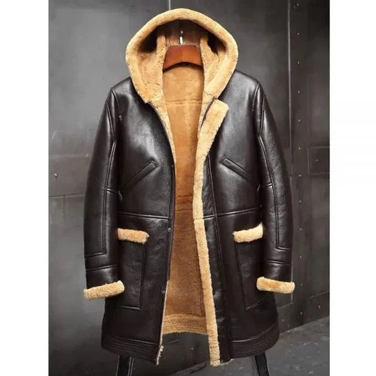Men's RAF Hooded Sheepskin Shearling Long Winter Coat