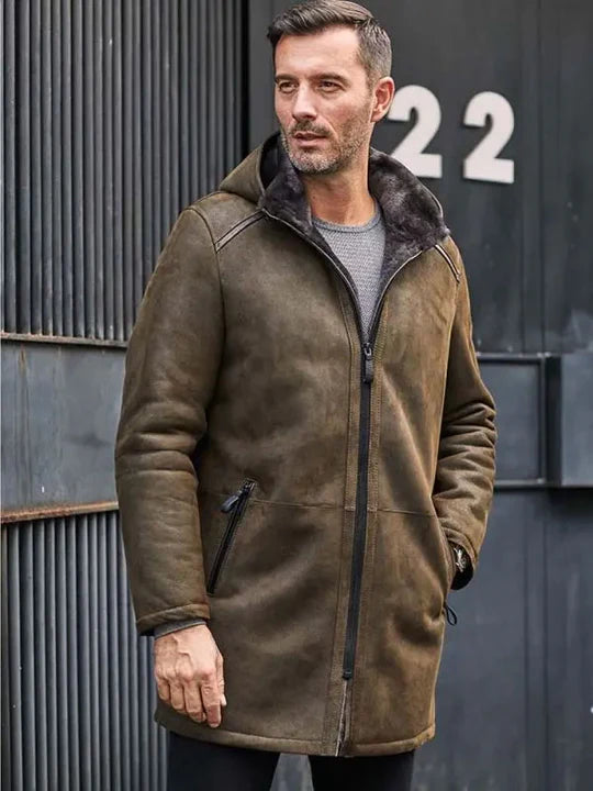 Long Shearling Fur Trench Coat with Removable Hood