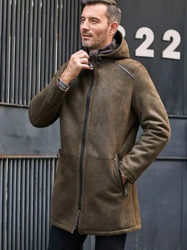 Long Shearling Fur Trench Coat with Removable Hood – Front View 3