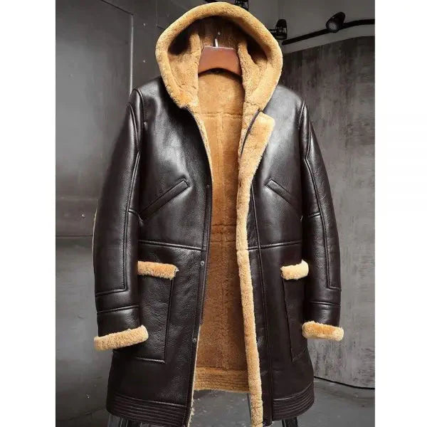 Men's RAF Hooded Sheepskin Shearling Long Winter Coat – Front View