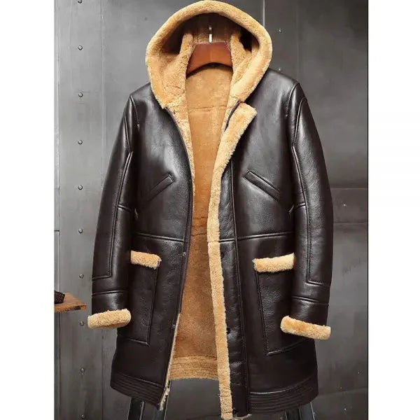 Men's RAF Hooded Sheepskin Shearling Long Winter Coat – Front View 2