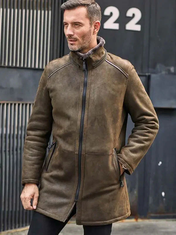 Long Shearling Fur Trench Coat with Removable Hood – Front View