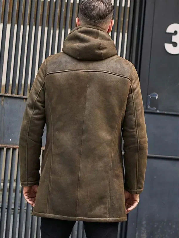 Long Shearling Fur Trench Coat with Removable Hood – Back View