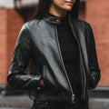 Women's Black Slim Fit Leather Racer Jacket
