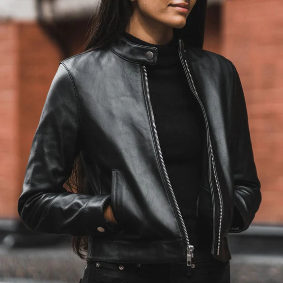 Women's Black Slim Fit Leather Racer Jacket