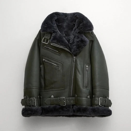 Women's Green and Black RAF Aviator Lambskin Shearling Jacket