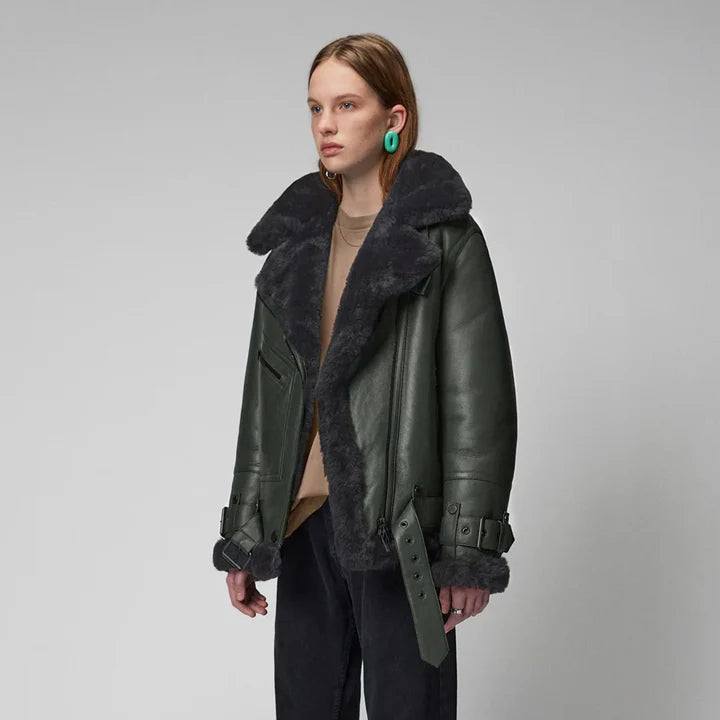 Women's Green and Black RAF Aviator Lambskin Shearling Jacket – Front View 3