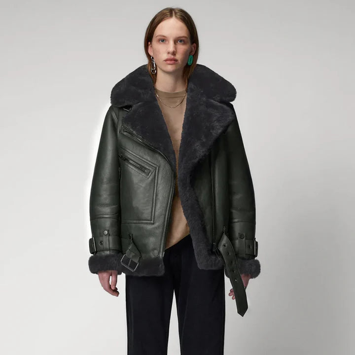 Women's Green and Black RAF Aviator Lambskin Shearling Jacket – Front View 2